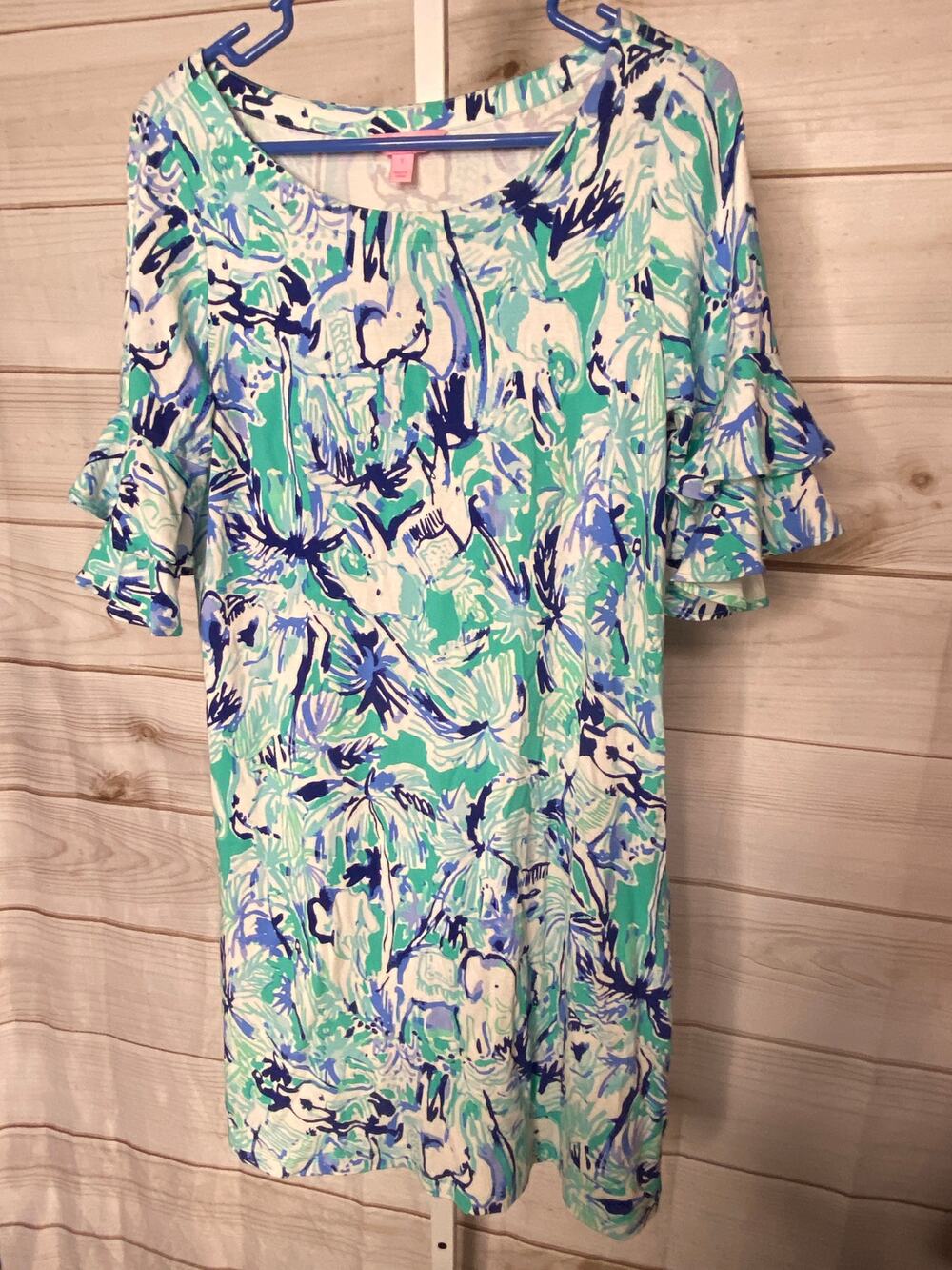 Lilly Pulitzer Women's Size Small Blue Green Elephant Print Short Sleeve Dress
